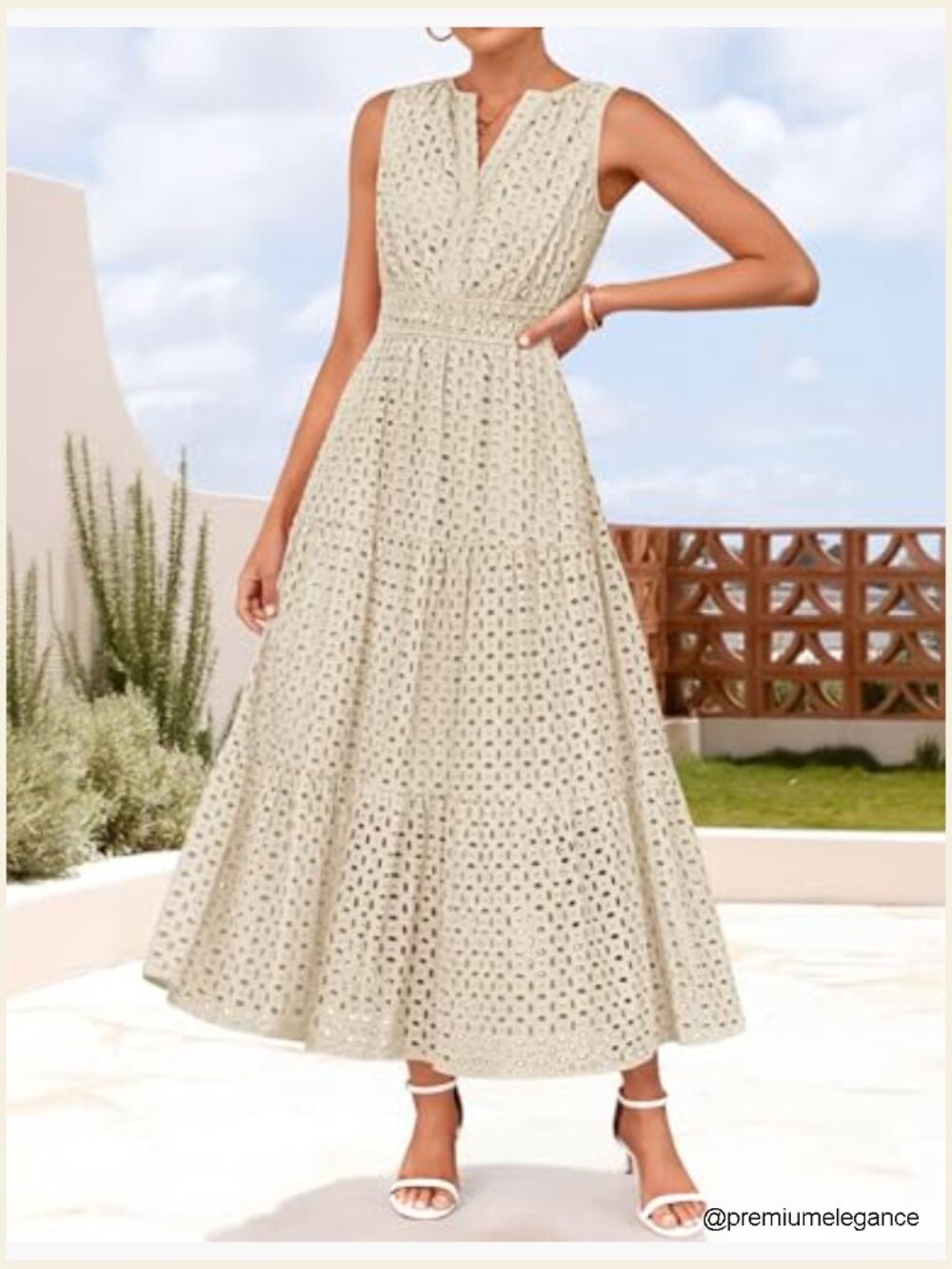 Sleeveless Maxi Dress with Eyelet Embroidery, V-Neck, Elastic Waist, Pockets - Picture 4 of 7